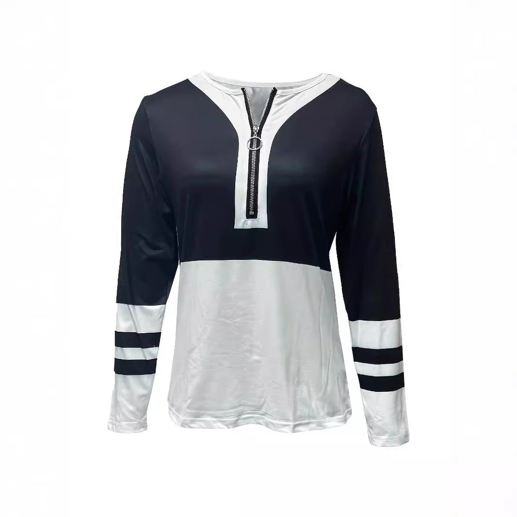 T-shirt à manches longues zippé ample pour femmes, à col en V, avec rayures contrastantes
