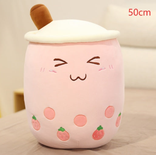 Peluche Boisson Fruitée Mignonne en Forme de Fraise Lait Thé Peluche Jouet Tasse à Thé Boba Oreiller Coussin Thé aux Perles Cadeau pour Enfants