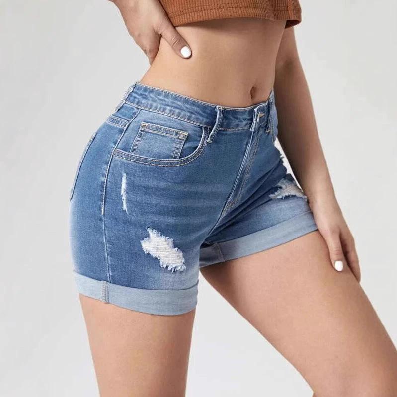 Elastic High-Waist Distressed Cuffed Denim Shorts for Women by eprolo