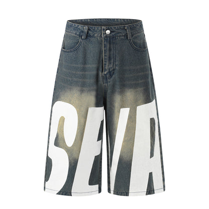 Large letter printed vintage denim shorts