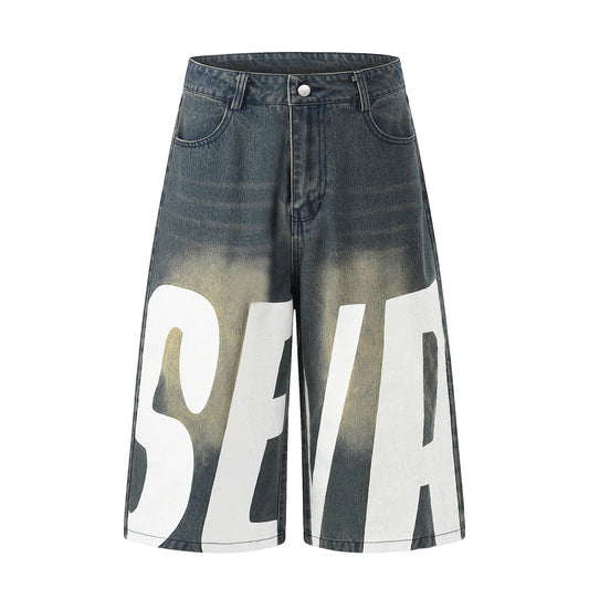 Large letter printed vintage denim shorts