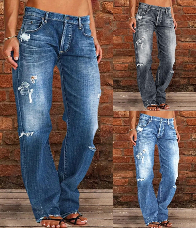 Jean déchiré Ample Large Jambe Denim Pantalon Décontracté Navette Pantalon Vêtements pour Femmes