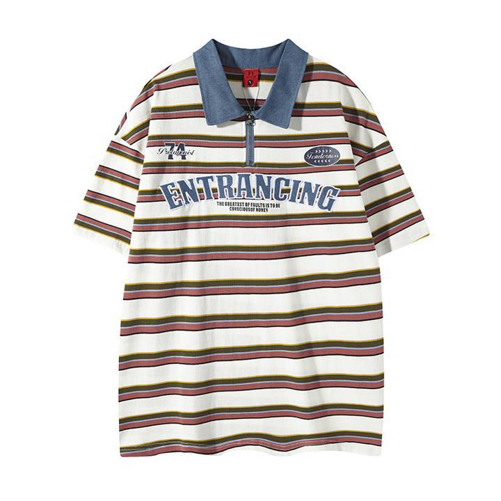 Cowboy patchwork Polo collar striped short sleeved shirt