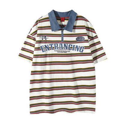 Cowboy patchwork Polo collar striped short sleeved shirt