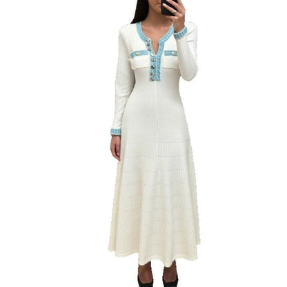 Autumn/Winter New Long Sleeve Denim Knit Maxi Dress, Simple Short Sleeve Long Dress, Slim Fit Sweater Dress V-Neck by eprolo