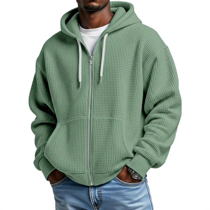 Mens warm zip-up hoodie in sage green with a kangaroo pocket and ribbed cuffs