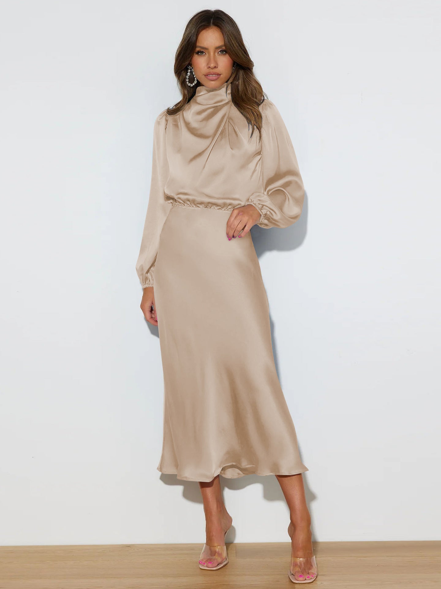 Vestido elegante de temperamento de manga larga, satén, cuello halter, vestidos de noche formales, ropa de mujer