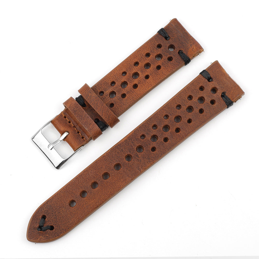 Correa de reloj de cuero gris azulado con costuras y múltiples orificios