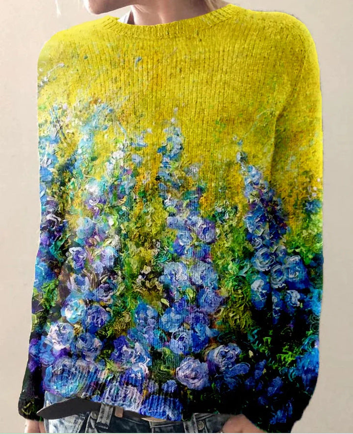 Pull en tricot ample multicolore à col rond et à la mode pour femme