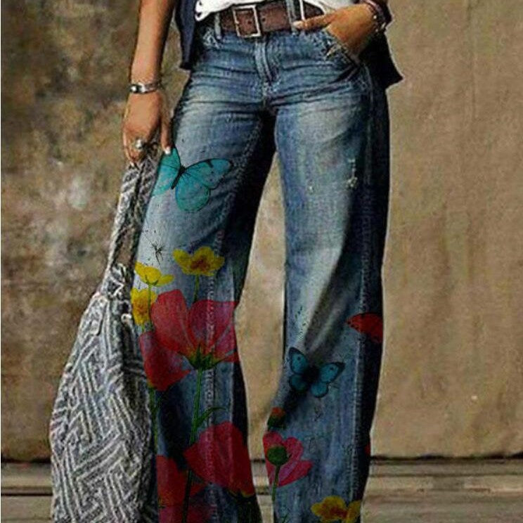 Pantalones de mujer de talla grande con estampado floral artístico