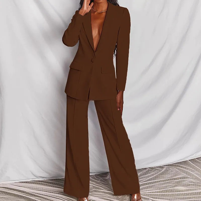 Traje casual de 2 piezas, chaqueta tipo blazer con solapa y botones, y pantalones de pierna recta. Conjunto de ropa de oficina para negocios y traslados.