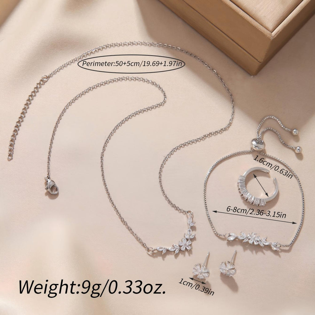 Sencillo y Elegante Conjunto de Joyas con Circonita Incrustada, Collar de Flores Plateado, Exquisitos Pendientes, Pulsera y Anillo, Adecuado para el Uso Diario y Festivo de la Mujer