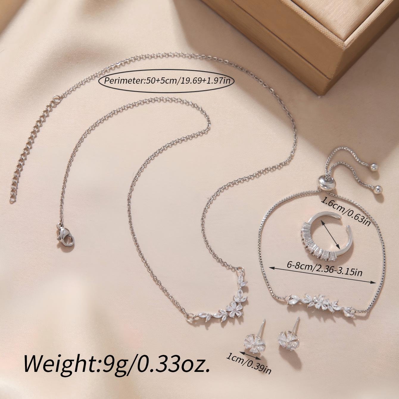 Sencillo y Elegante Conjunto de Joyas con Circonita Incrustada, Collar de Flores Plateado, Exquisitos Pendientes, Pulsera y Anillo, Adecuado para el Uso Diario y Festivo de la Mujer