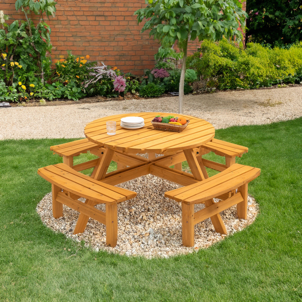 Table de pique-nique extérieure circulaire en bois 6 places pour terrasse