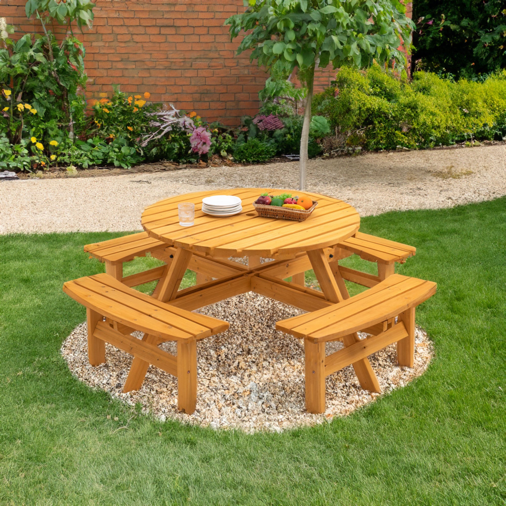 Table de pique-nique extérieure circulaire en bois 6 places pour terrasse