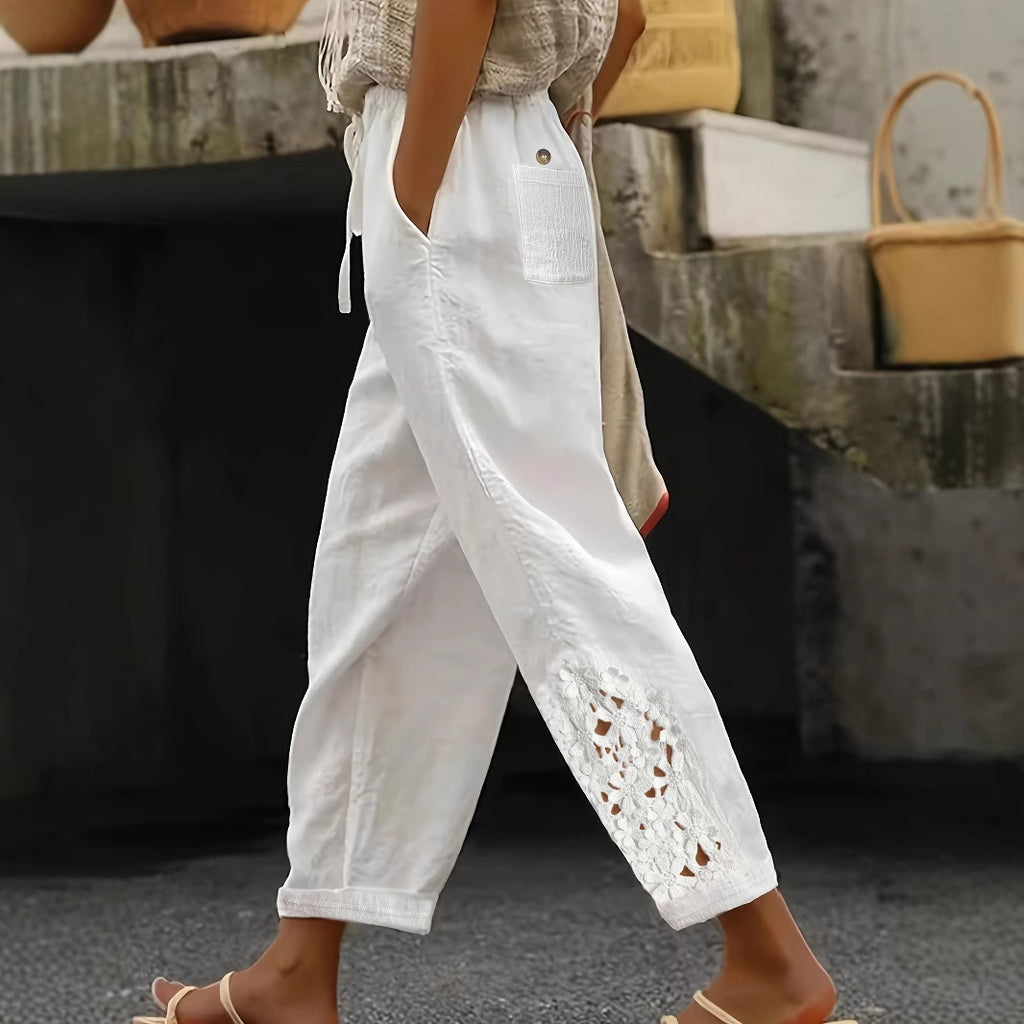 Pantalon droit décontracté en dentelle avec cordon de serrage pour femme