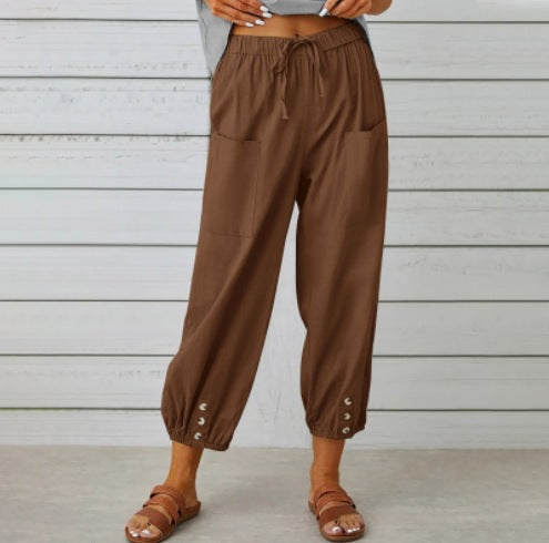 Pantalon ample taille haute en coton et lin avec boutons, coupe courte, jambes larges pour femme