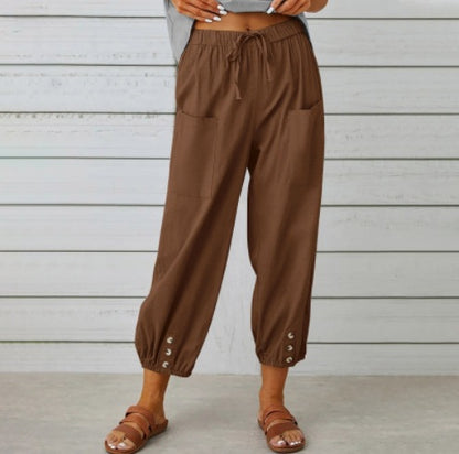 Pantalon ample taille haute en coton et lin avec boutons, coupe courte, jambes larges pour femme
