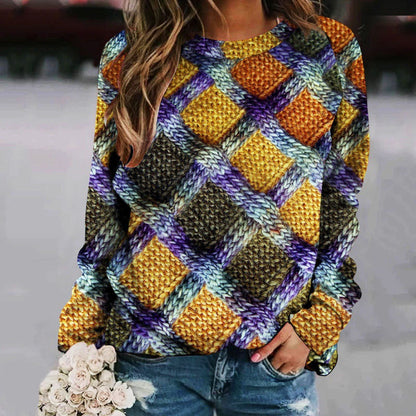 Pull femme à manches longues raglan, col rond et imprimé patchwork
