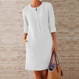 Robe longue à manches longues et col rond en coton et lin pour femmes grandes tailles