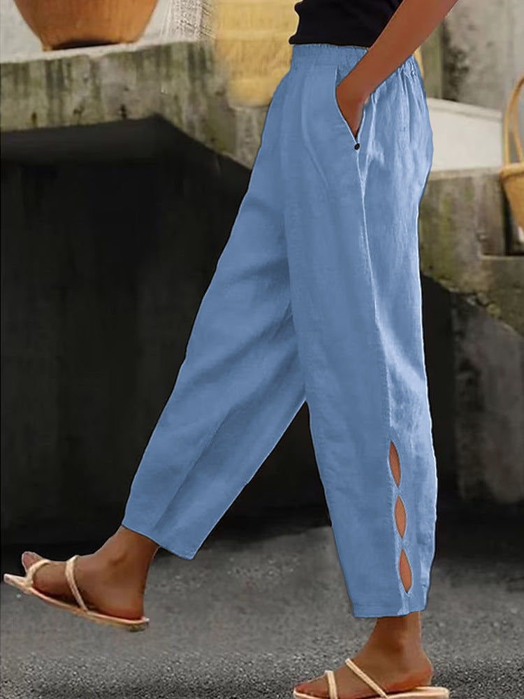 Pantalon d'été pour femme, détails creux à la cheville, avec boutons à l'ourlet