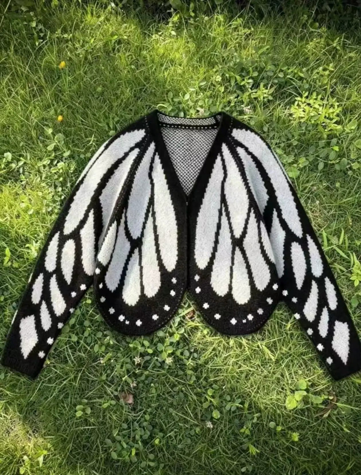 Women's butterfly-knit cardigan in black and white, open-front knit outerwear by AdTec