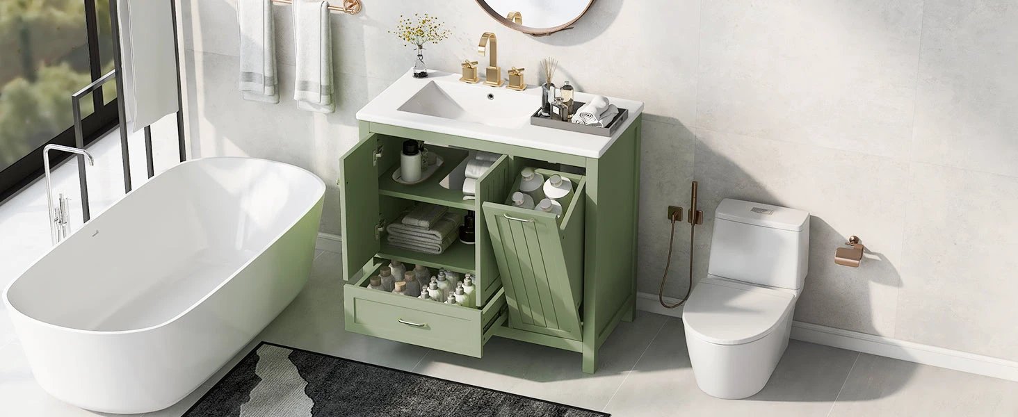 36 inch bathroom vanity with sink, one double door cabinet one large drawer and one flip drawer solid wood and MDF board, green by eprolo