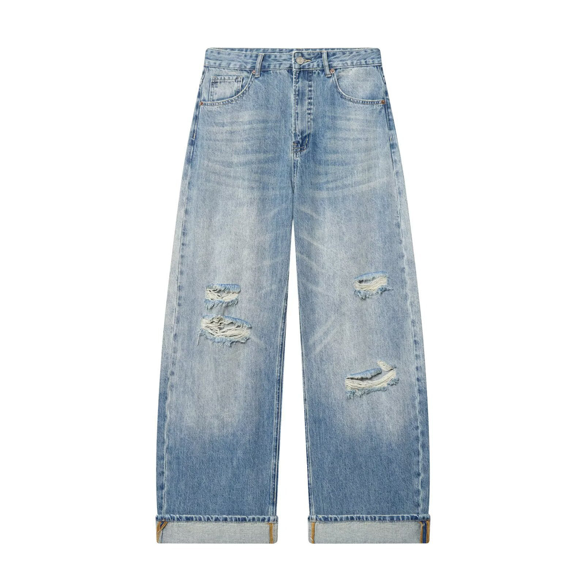 Broken hole decorative rolled edge loose jeans