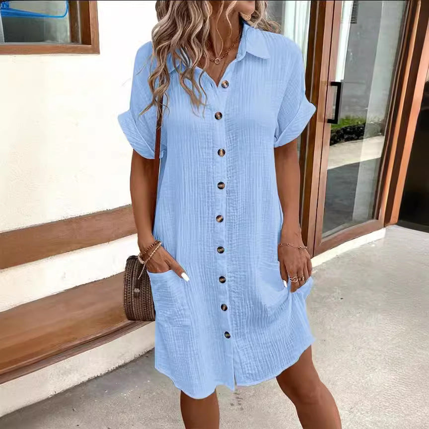 Robe d'été à manches courtes, mode unie, boutonnée, mi-longue, ample