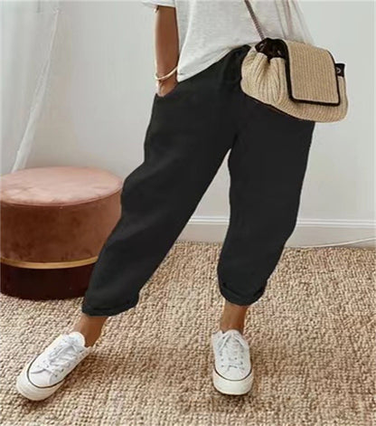 Pantacourt en coton et lin à taille élastique pour femme
