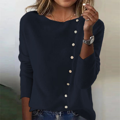 Élégant pull à col rond et manches longues avec boutons pour femme, pulls tricotés printemps-automne