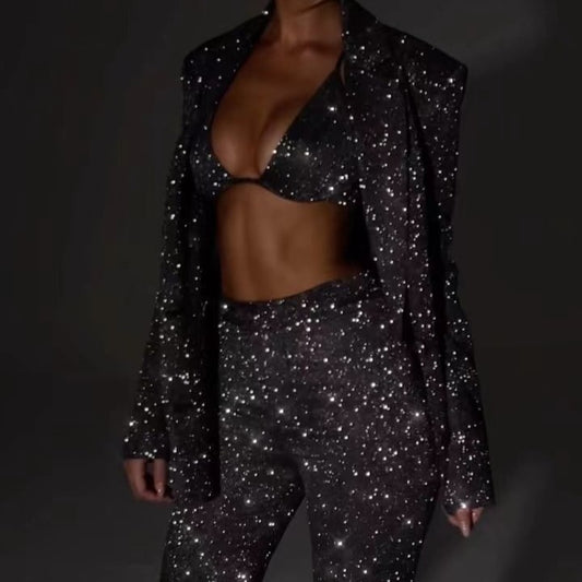 Ensemble de 3 pièces brillantes à manches longues avec soutien-gorge, blazer à revers et pantalon droit, veste de soirée tendance pour femme
