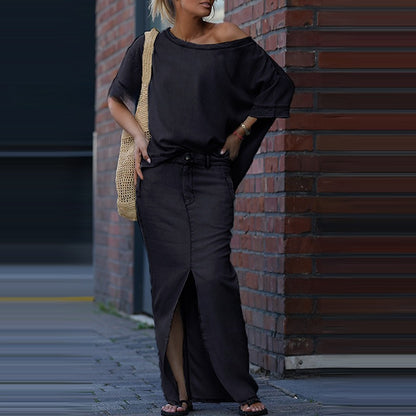 Ensemble jupe deux pièces tendance : haut ample à manches chauve-souris et manches courtes, jupe longue fendue cintrée, patchwork chic. Vêtements pour femmes