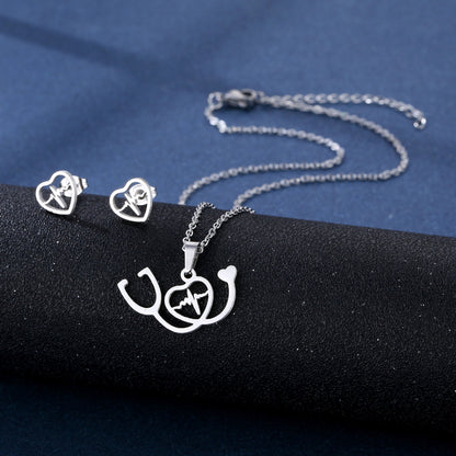 Stainless Steel Necklace Ear Stud Combination Suit