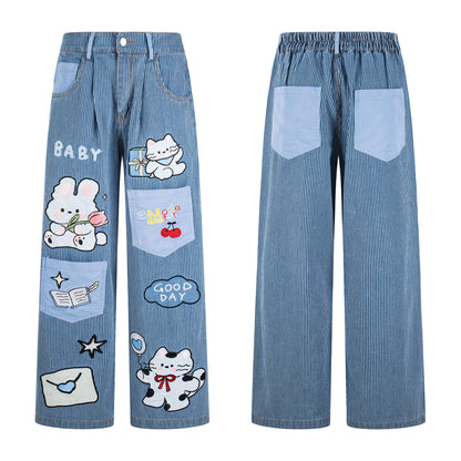 Cat Rabbit Embroidered Jeans