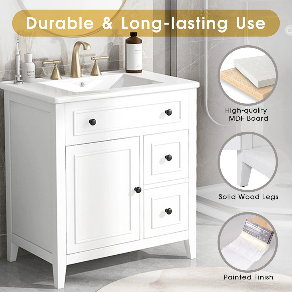30" Bathroom Vanity with Sink Top, Bathroom Vanity Cabinet with Door and Two Drawers, Solid Wood Frame, One Package, White by eprolo