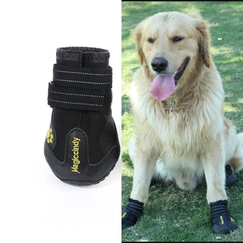 Pet Dog Foot Cover Waterproof Boots by AdTec; black Velcro dog boots shown on a golden retriever.