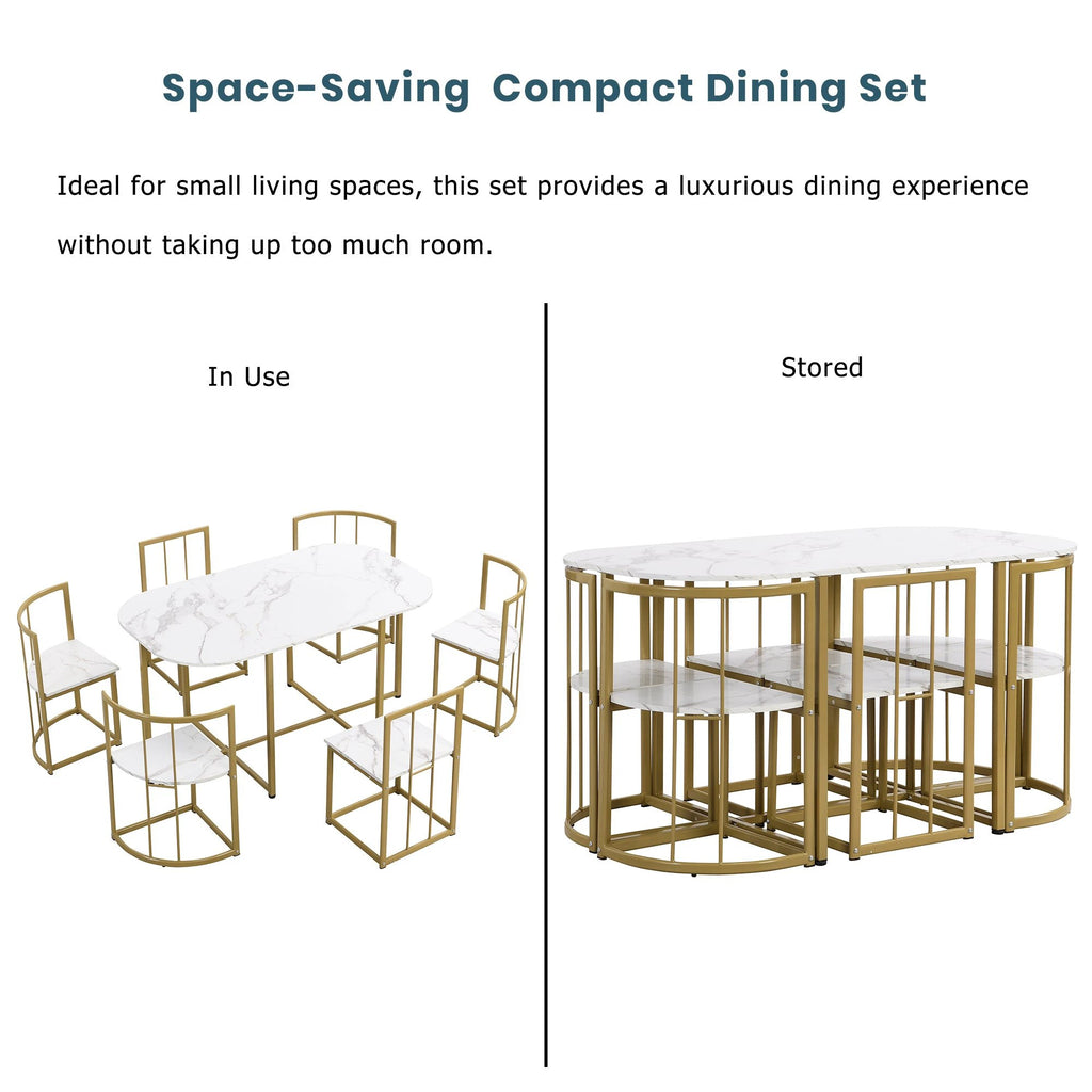 TOPMAX Modern 7-Piece Dining Table Set with Faux Marble Compact 55Inch Kitchen Table Set for 6 Golden+White by eprolo