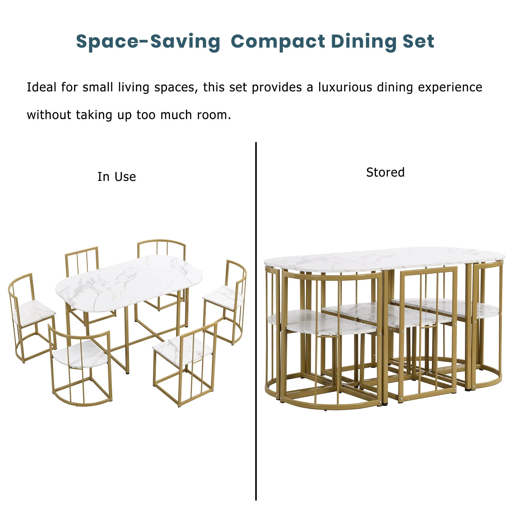 TOPMAX Modern 7-Piece Dining Table Set with Faux Marble Compact 55Inch Kitchen Table Set for 6 Golden+White by eprolo