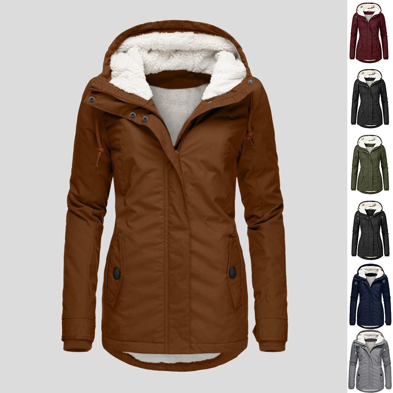 Veste d'hiver à capuche de couleur unie, chaude, avec boucle, fermeture éclair et poches, veste décontractée pour femme