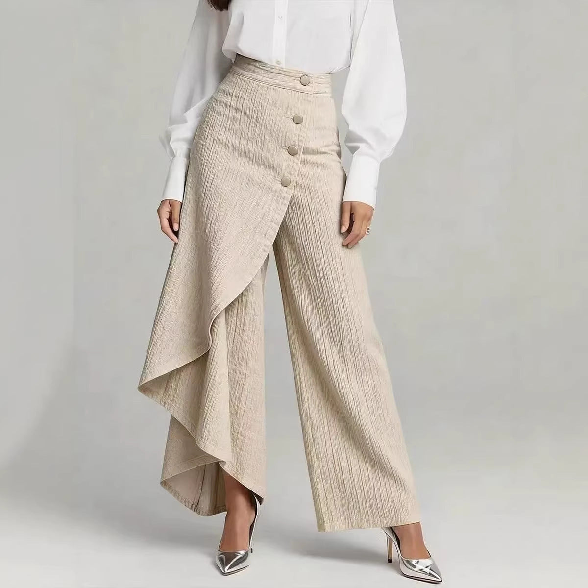 Pantalones únicos de pernera recta a la moda con volantes grandes y botones, pantalones de mujer, ropa vaquera de imitación