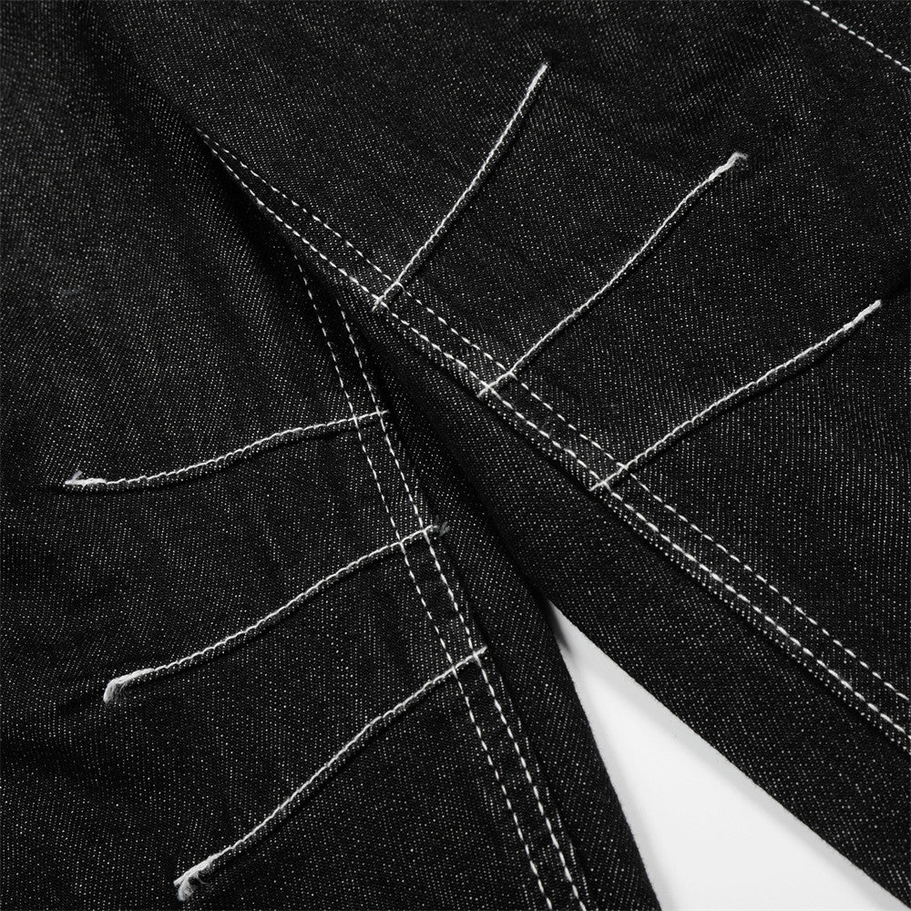 Pantalon de travail à jambe droite, boutonné, longueur cinq-quarts, avec poches et coutures color block.