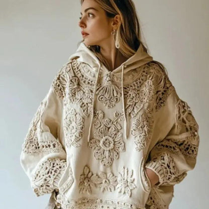 Hooded women's beige lace-embellished hoodie with floral embroidery.