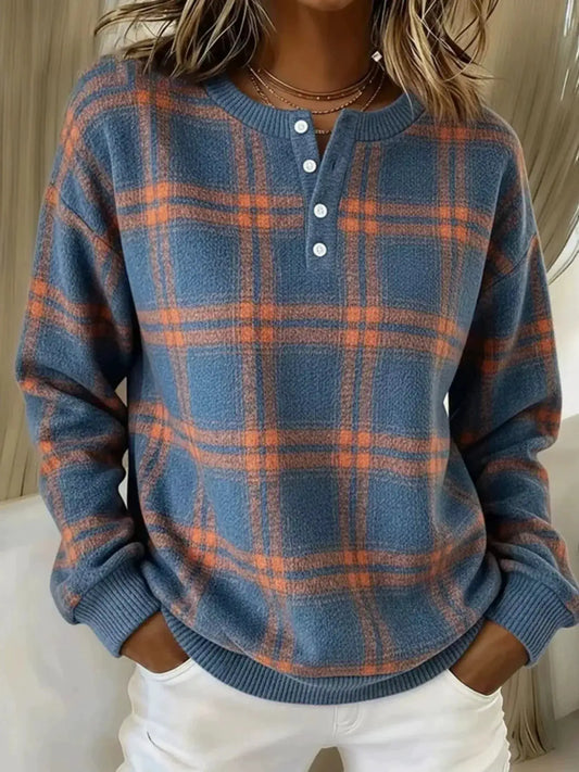 Women’s plus-size long-sleeve plaid button-front sweatshirt in blue and orange