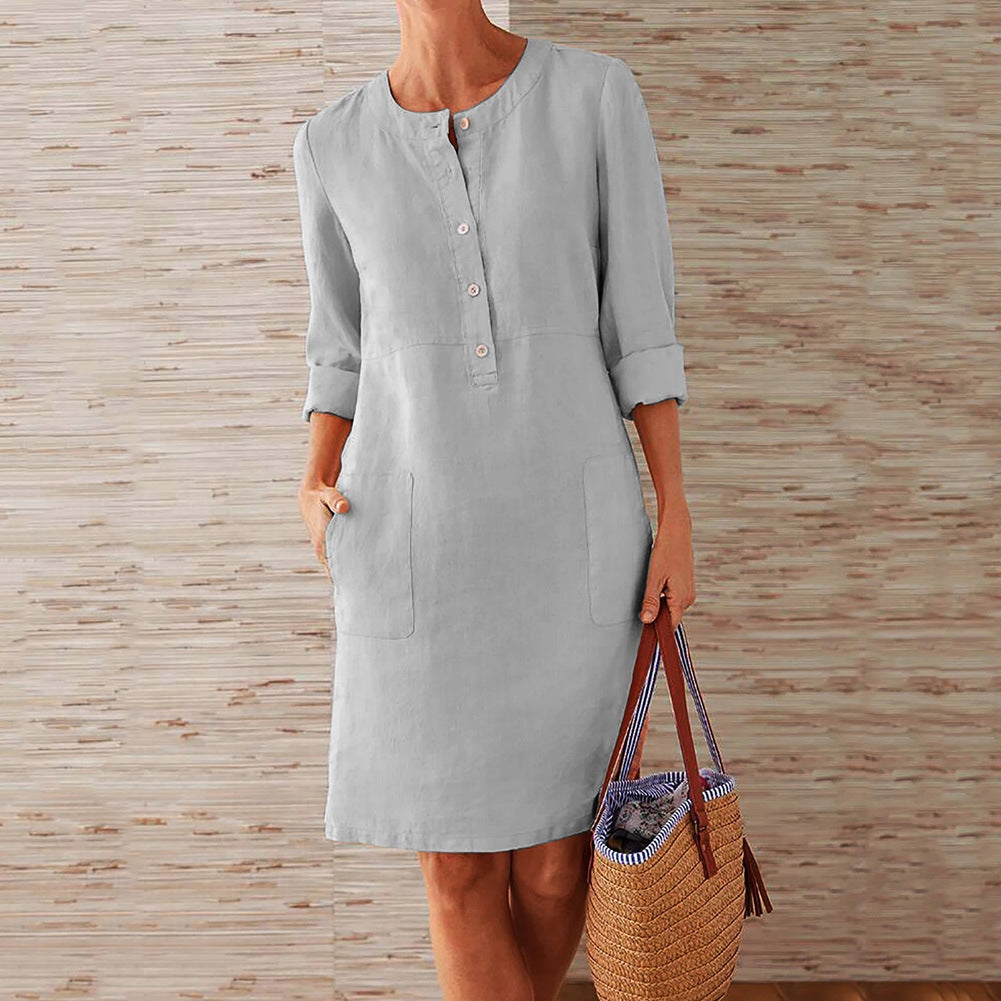 Robe longue à manches longues et col rond en coton et lin pour femmes grandes tailles
