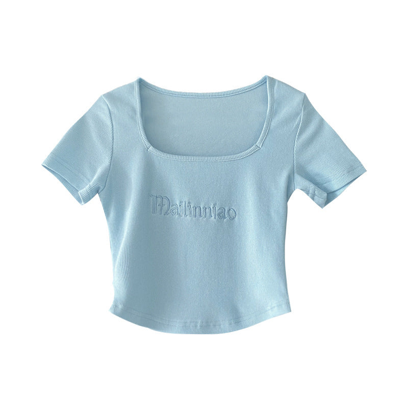 Vintage Letter Embroidery Fitted Bodysuit Square Neck