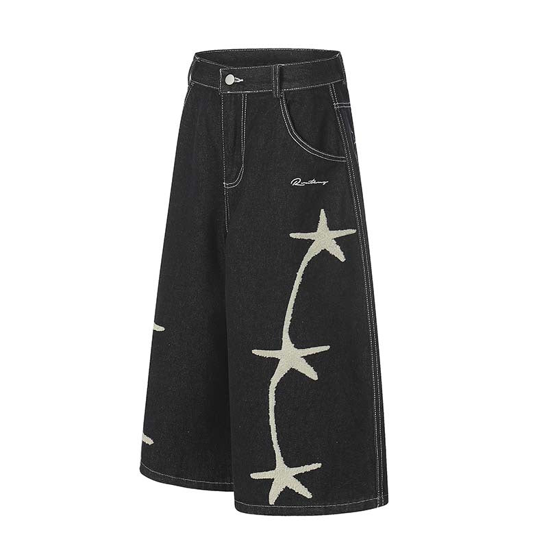 Star Plush Embroidery Washed Denim Cropped Pants