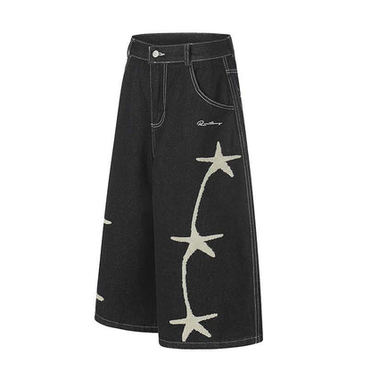 Star Plush Embroidery Washed Denim Cropped Pants