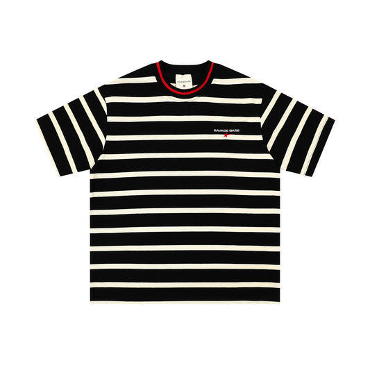 Striped decoration round neck short sleeved shirt
