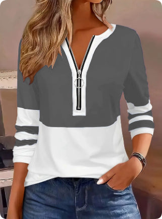 T-shirt à manches longues zippé ample pour femmes, à col en V, avec rayures contrastantes